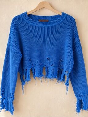 Ron David Studio Blue Distressed Cropped Knit Sweater